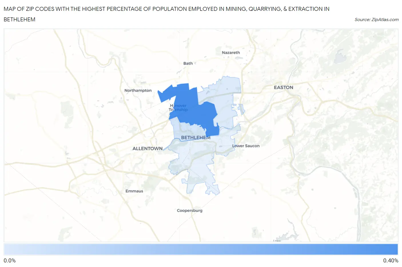 Zip Codes with the Highest Percentage of Population Employed in Mining, Quarrying, & Extraction in Bethlehem Map