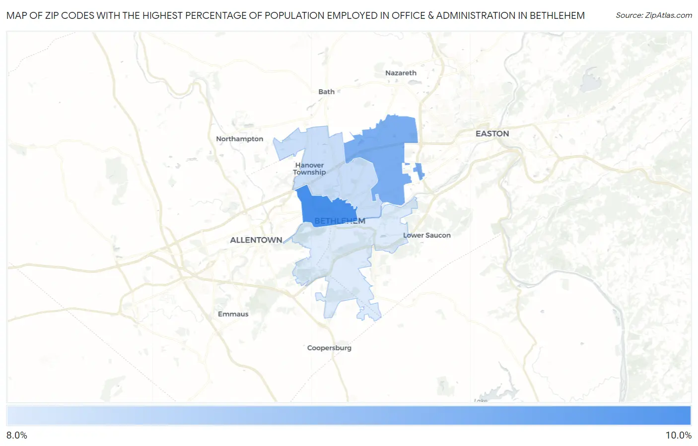 Zip Codes with the Highest Percentage of Population Employed in Office & Administration in Bethlehem Map