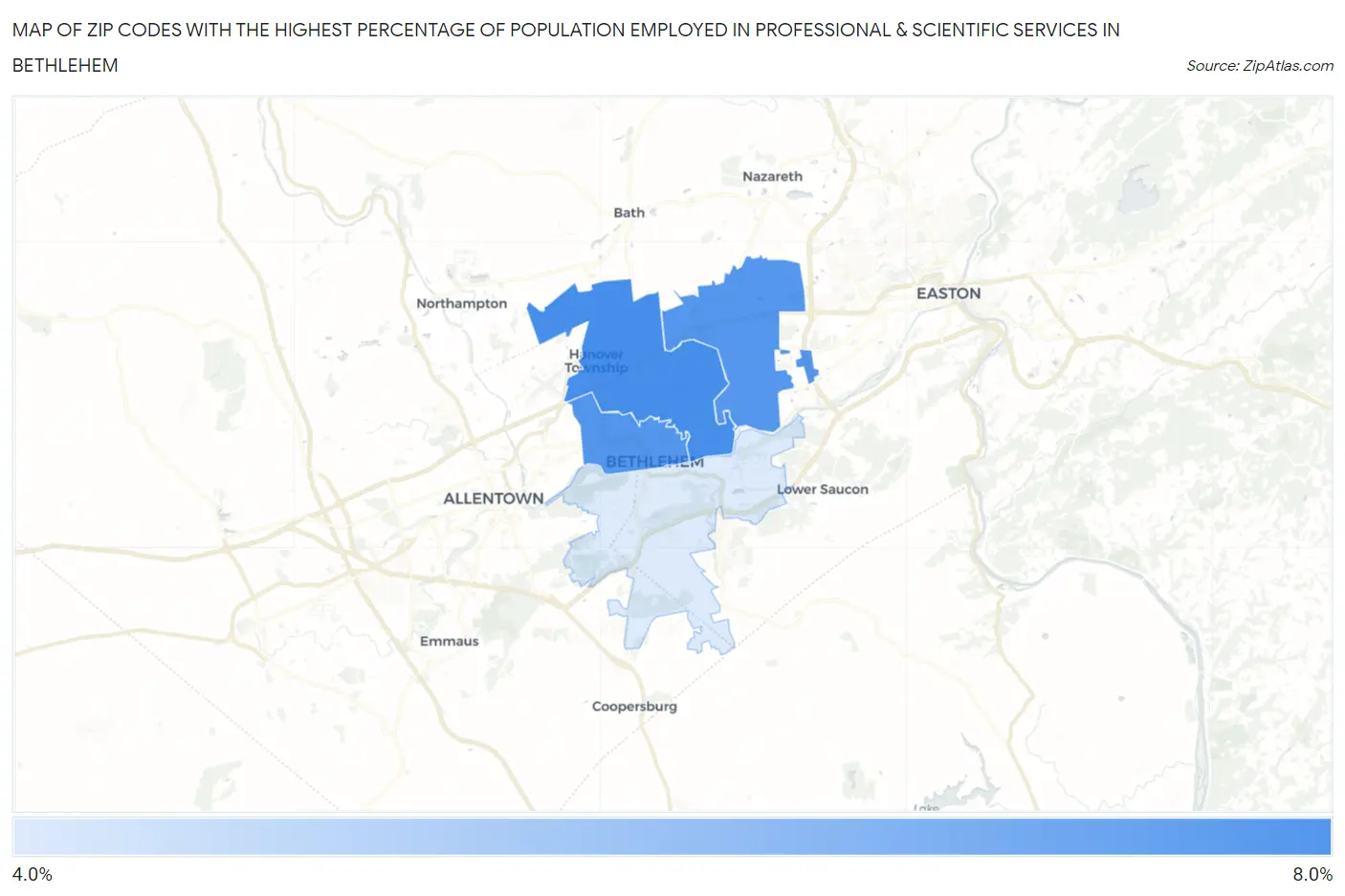 Zip Codes with the Highest Percentage of Population Employed in Professional & Scientific Services in Bethlehem Map