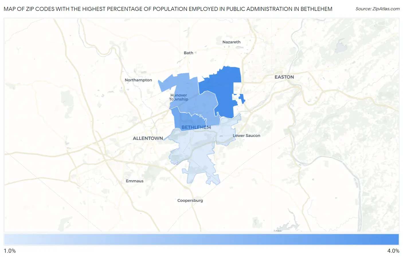 Zip Codes with the Highest Percentage of Population Employed in Public Administration in Bethlehem Map