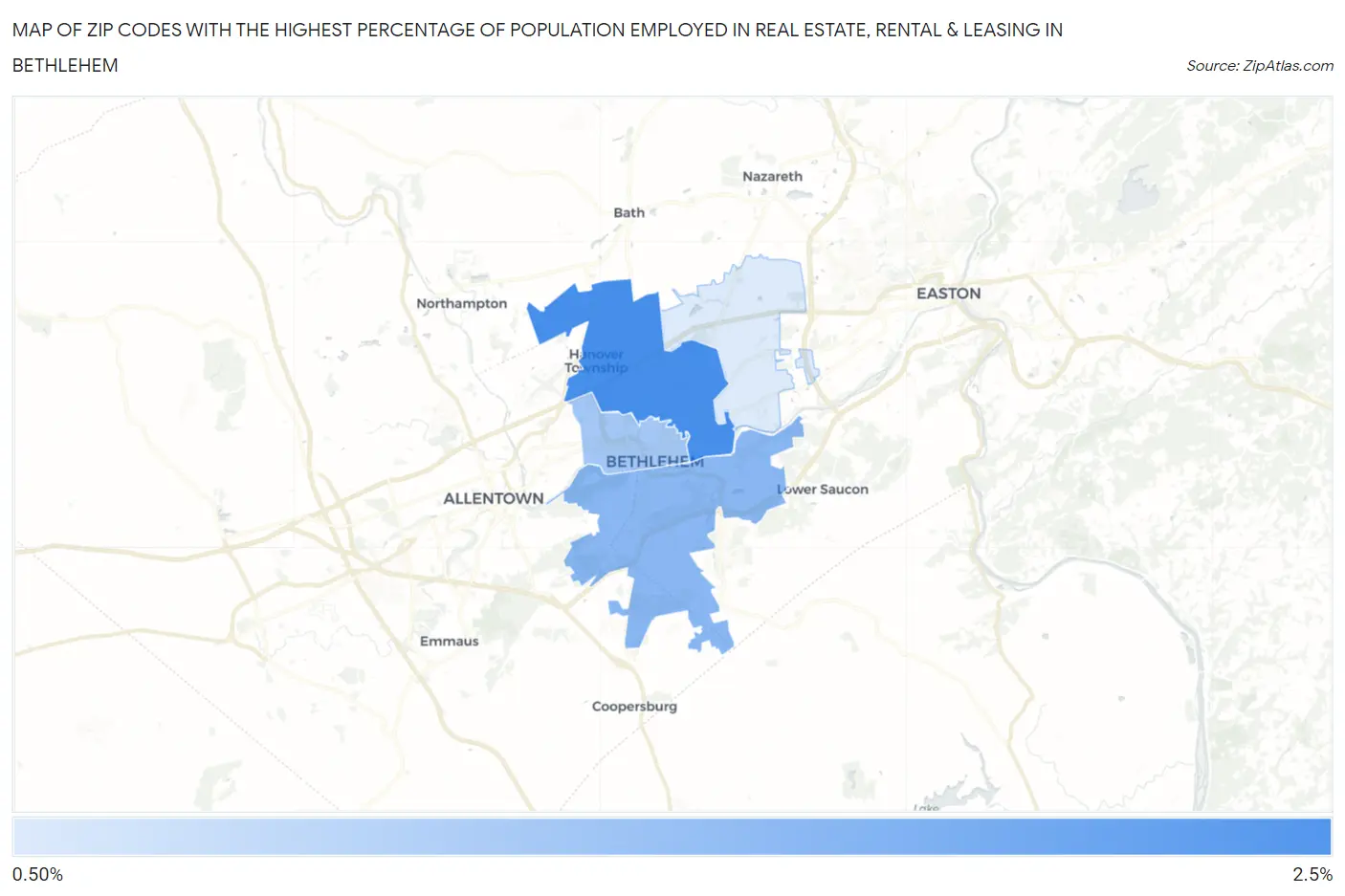Zip Codes with the Highest Percentage of Population Employed in Real Estate, Rental & Leasing in Bethlehem Map