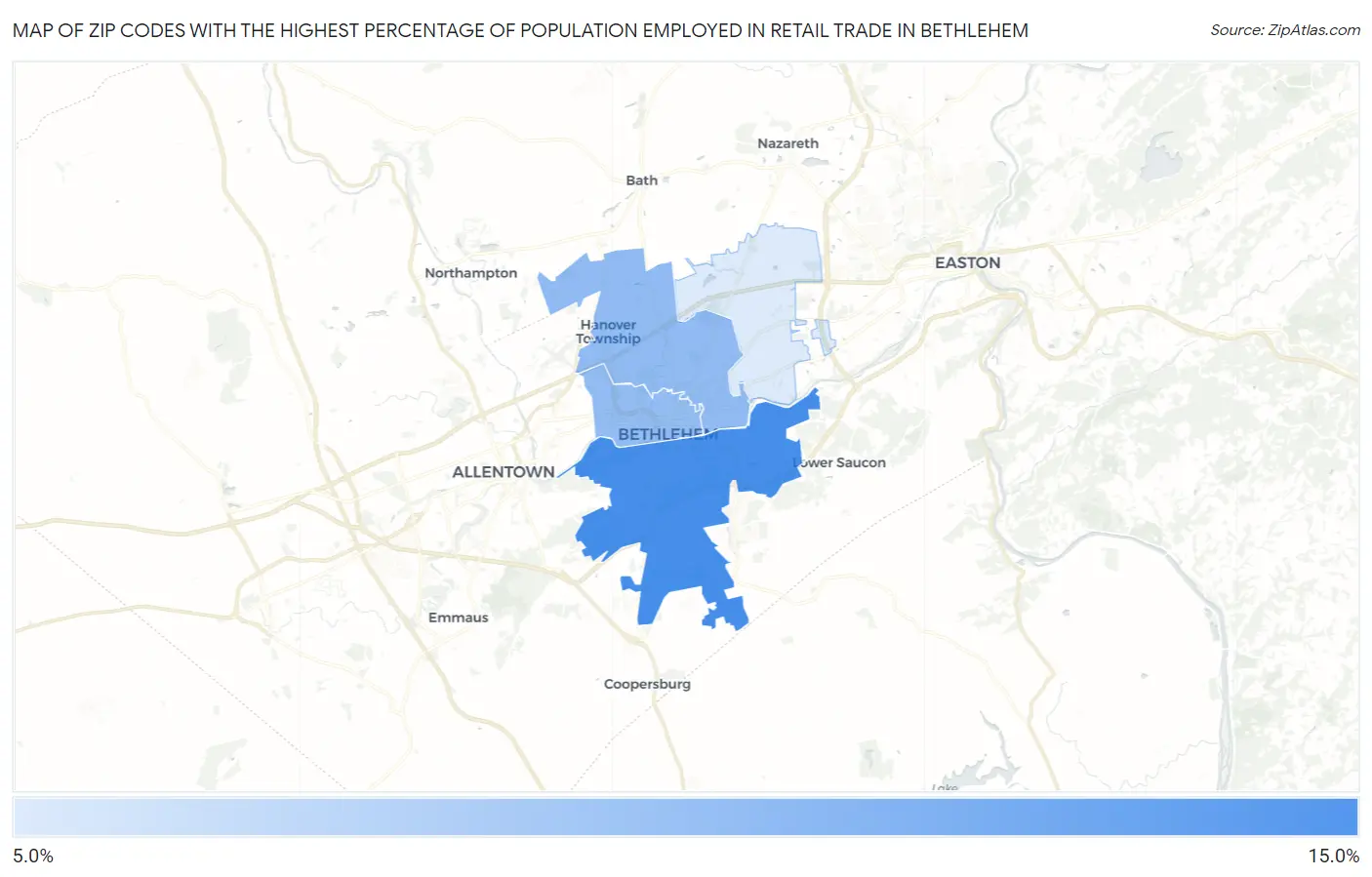 Zip Codes with the Highest Percentage of Population Employed in Retail Trade in Bethlehem Map