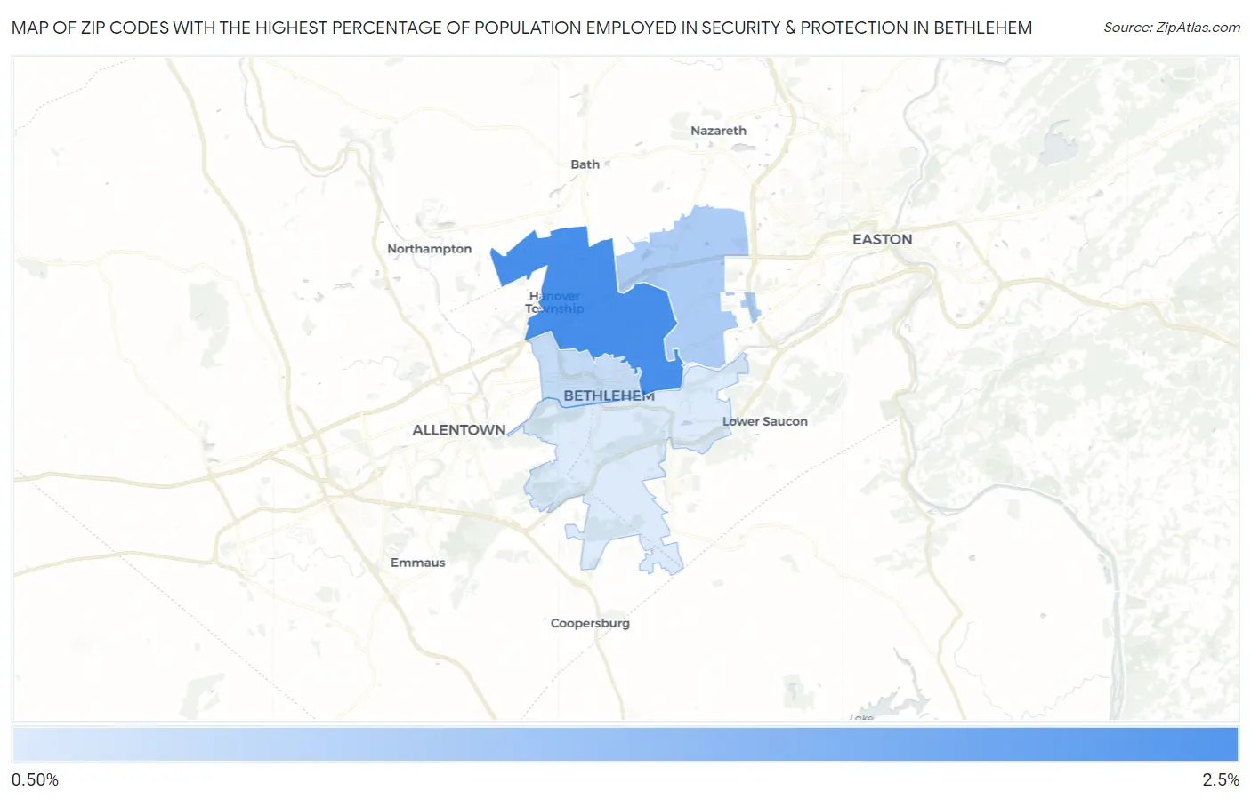 Zip Codes with the Highest Percentage of Population Employed in Security & Protection in Bethlehem Map