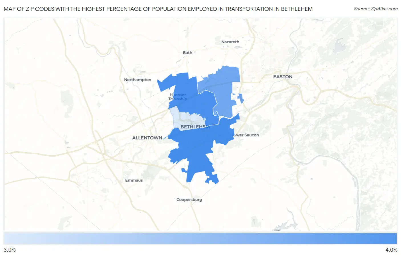 Zip Codes with the Highest Percentage of Population Employed in Transportation in Bethlehem Map