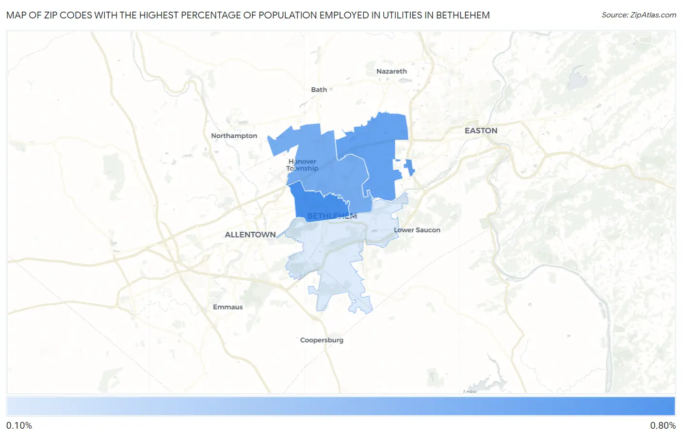 Zip Codes with the Highest Percentage of Population Employed in Utilities in Bethlehem Map