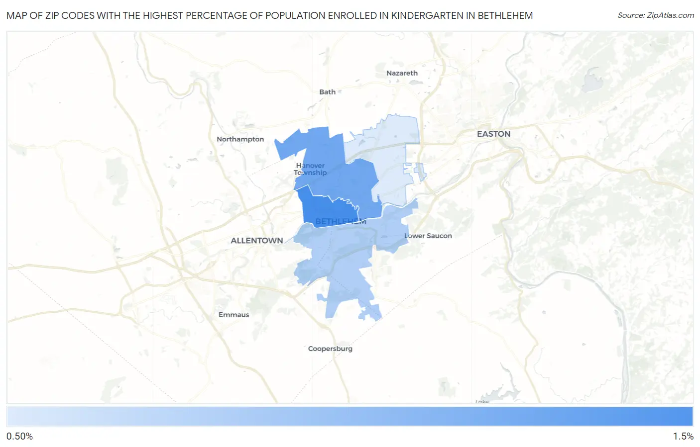 Zip Codes with the Highest Percentage of Population Enrolled in Kindergarten in Bethlehem Map