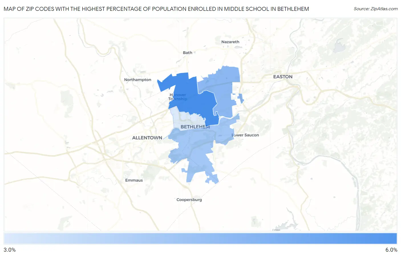 Zip Codes with the Highest Percentage of Population Enrolled in Middle School in Bethlehem Map