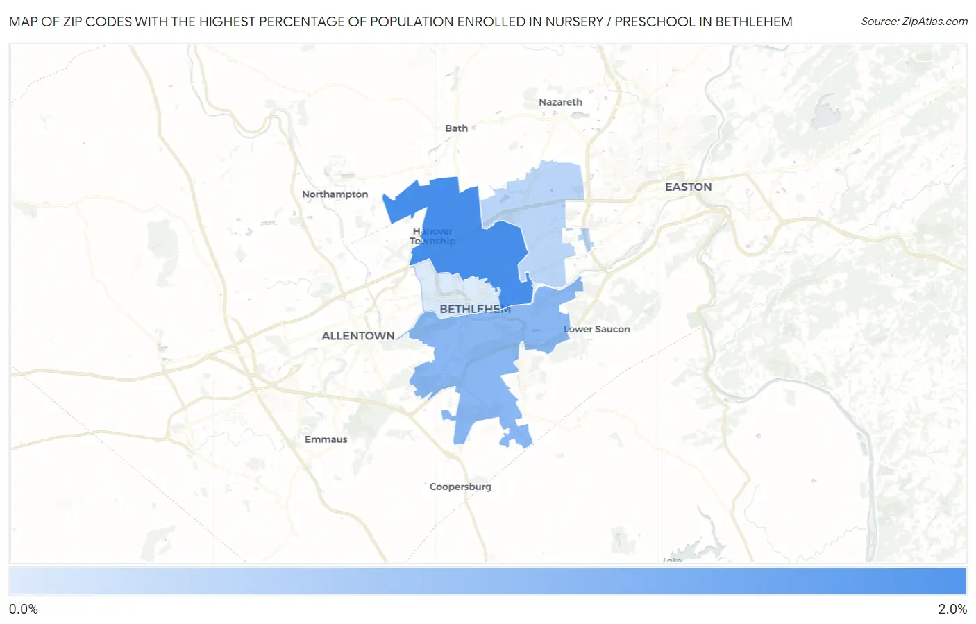 Zip Codes with the Highest Percentage of Population Enrolled in Nursery / Preschool in Bethlehem Map