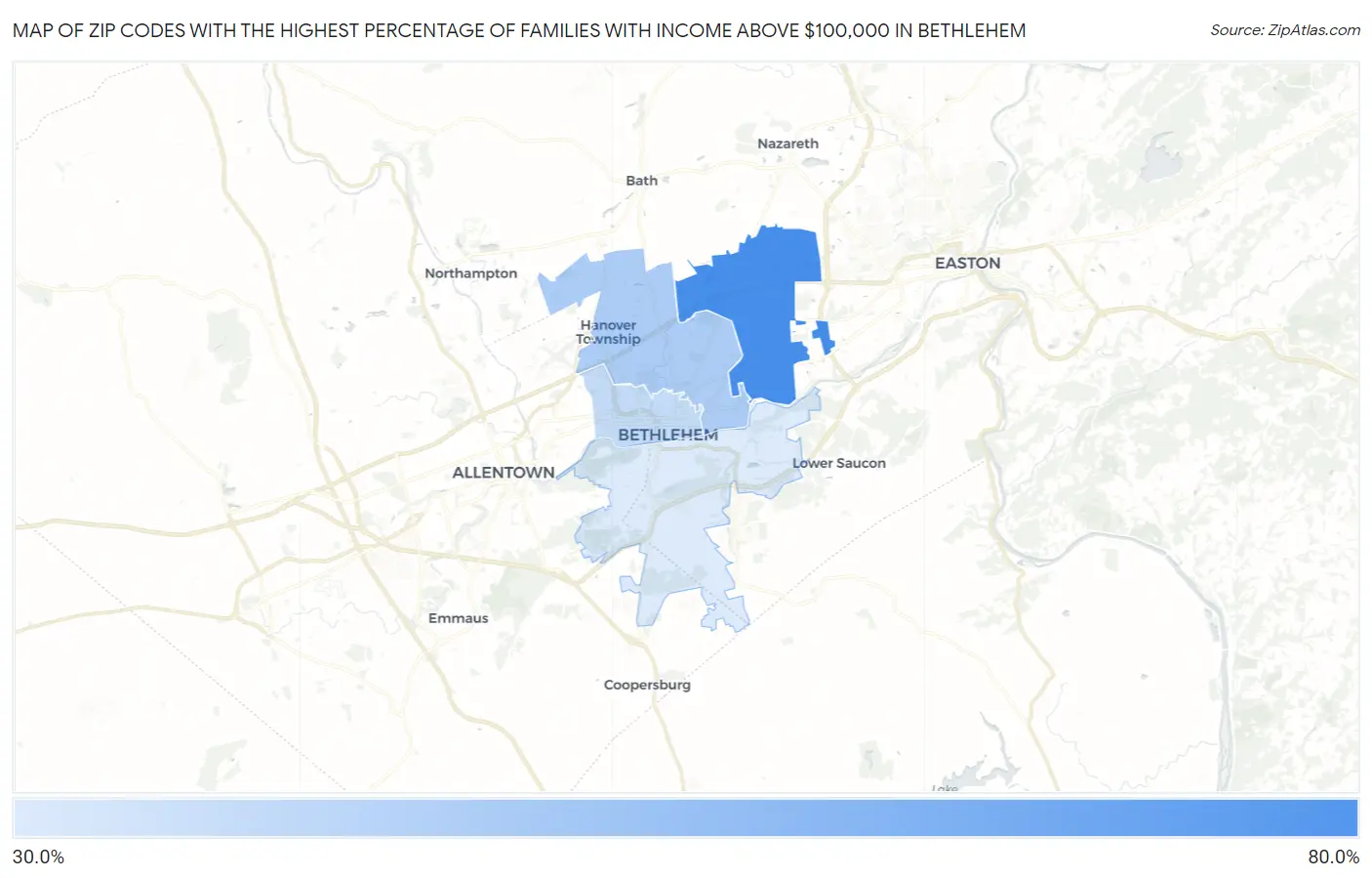 Zip Codes with the Highest Percentage of Families with Income Above $100,000 in Bethlehem Map