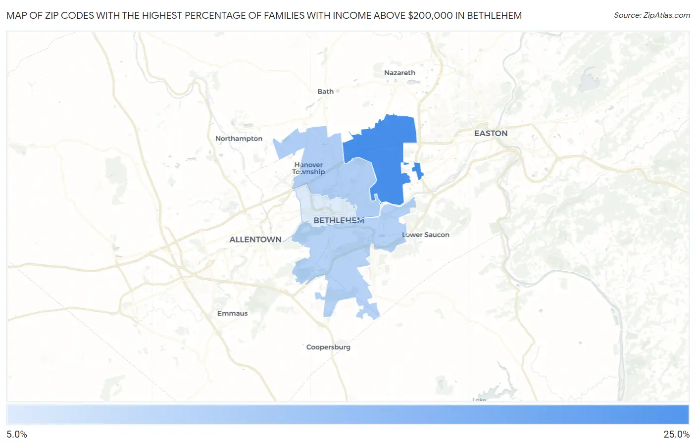 Zip Codes with the Highest Percentage of Families with Income Above $200,000 in Bethlehem Map