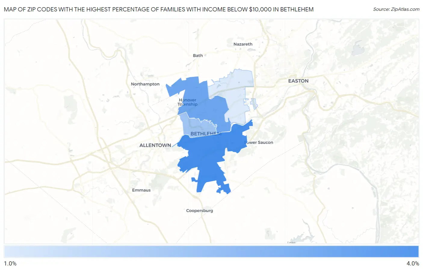 Zip Codes with the Highest Percentage of Families with Income Below $10,000 in Bethlehem Map