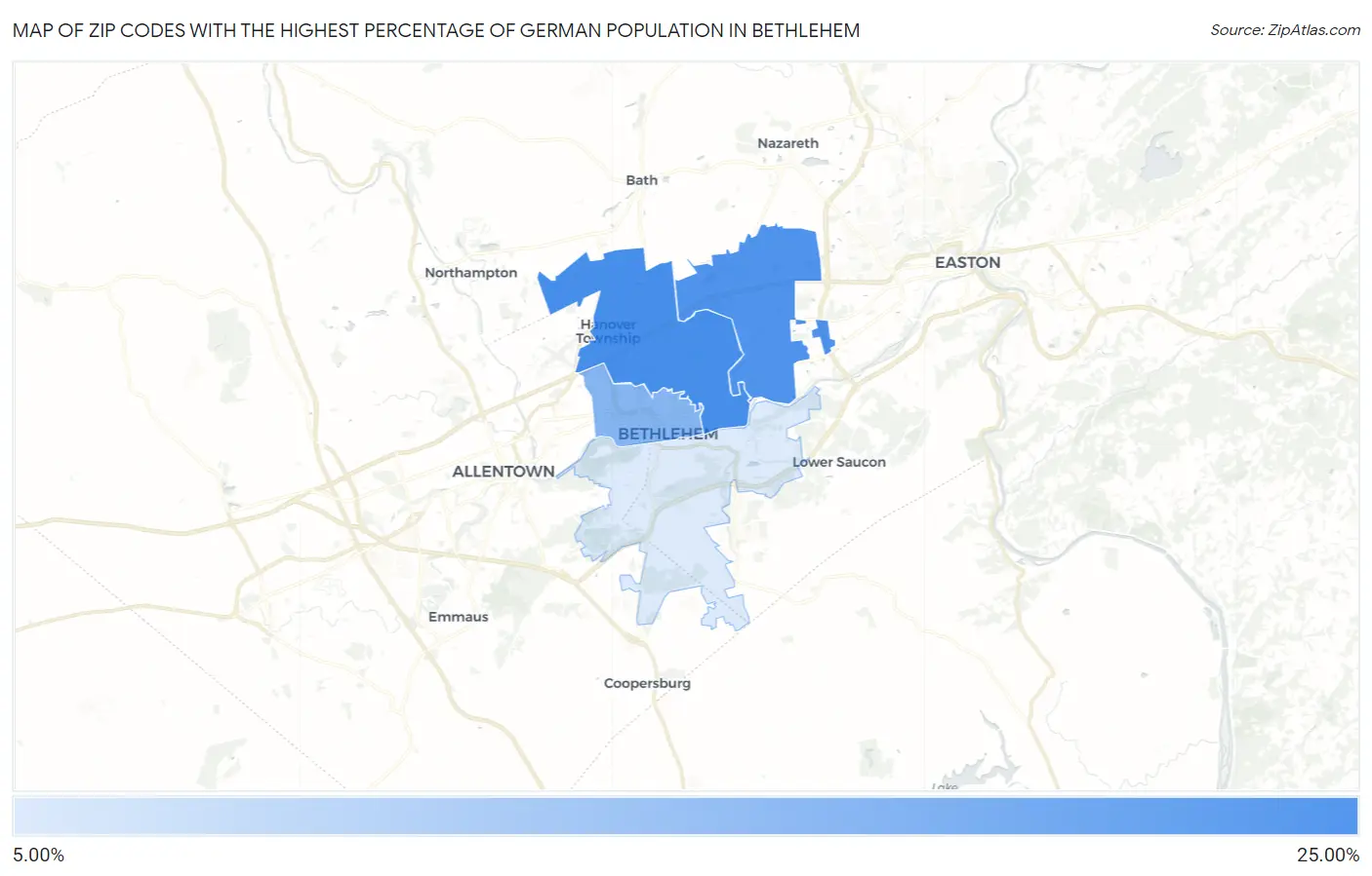 Zip Codes with the Highest Percentage of German Population in Bethlehem Map
