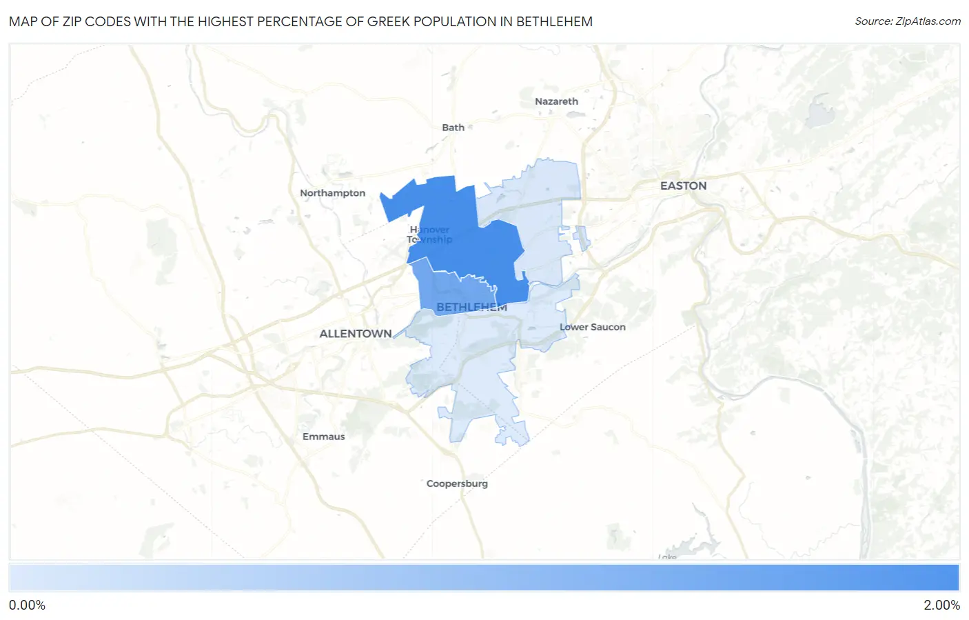 Zip Codes with the Highest Percentage of Greek Population in Bethlehem Map