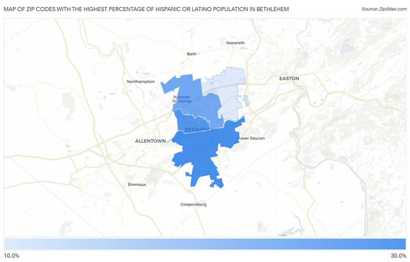 Zip Codes with the Highest Percentage of Hispanic or Latino Population in Bethlehem Map