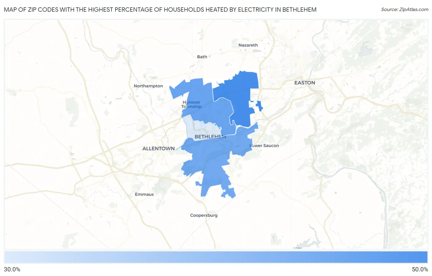 Zip Codes with the Highest Percentage of Households Heated by Electricity in Bethlehem Map