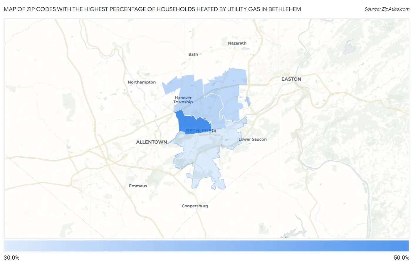 Zip Codes with the Highest Percentage of Households Heated by Utility Gas in Bethlehem Map