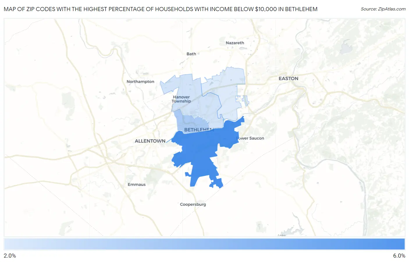 Zip Codes with the Highest Percentage of Households with Income Below $10,000 in Bethlehem Map