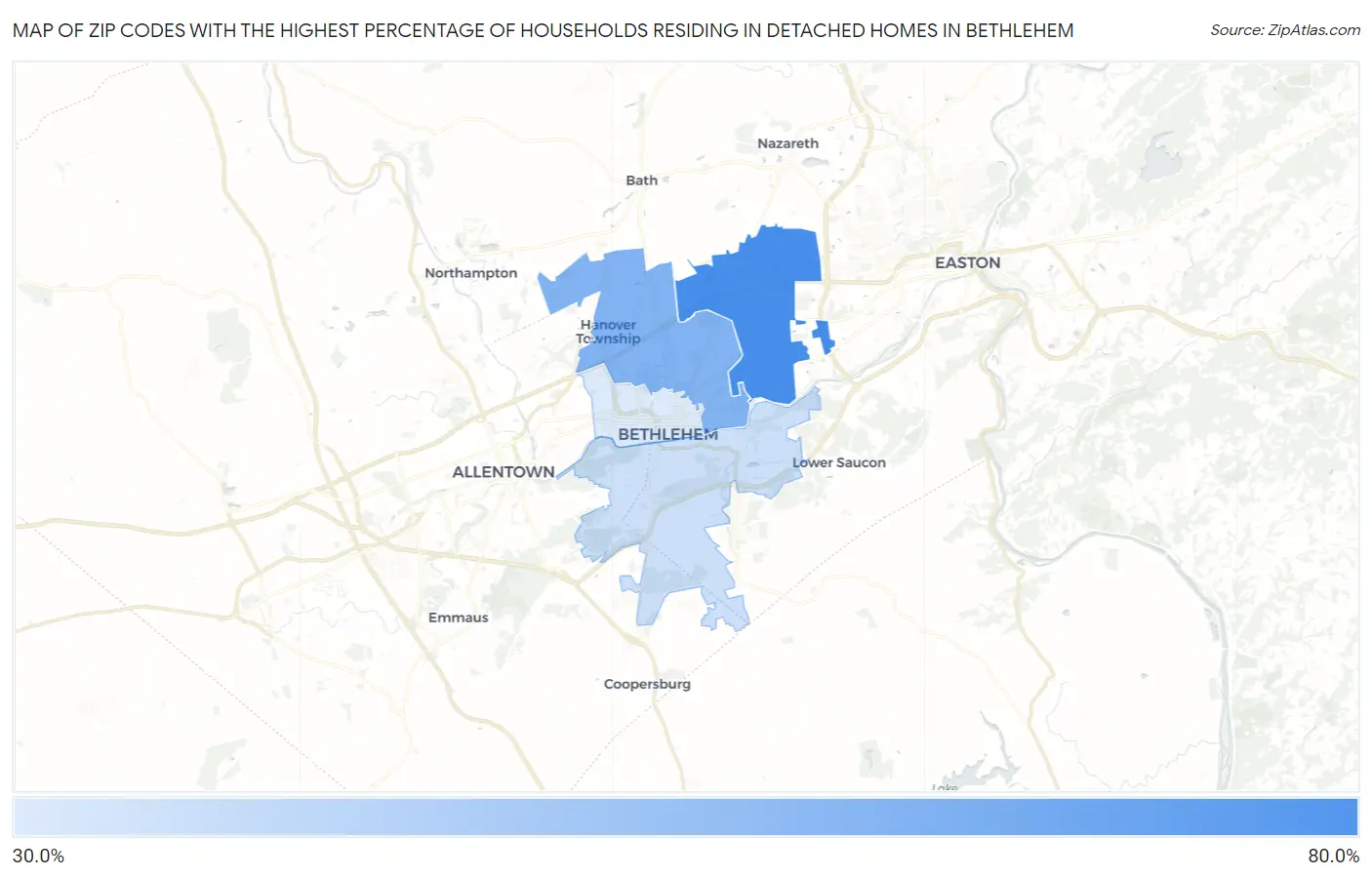 Zip Codes with the Highest Percentage of Households Residing in Detached Homes in Bethlehem Map