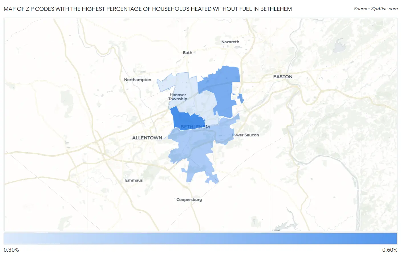 Zip Codes with the Highest Percentage of Households Heated without Fuel in Bethlehem Map