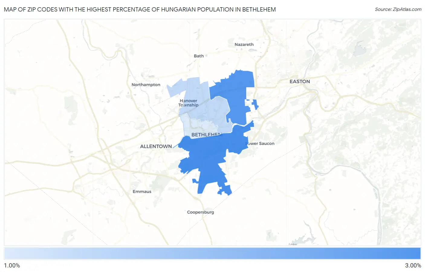 Zip Codes with the Highest Percentage of Hungarian Population in Bethlehem Map