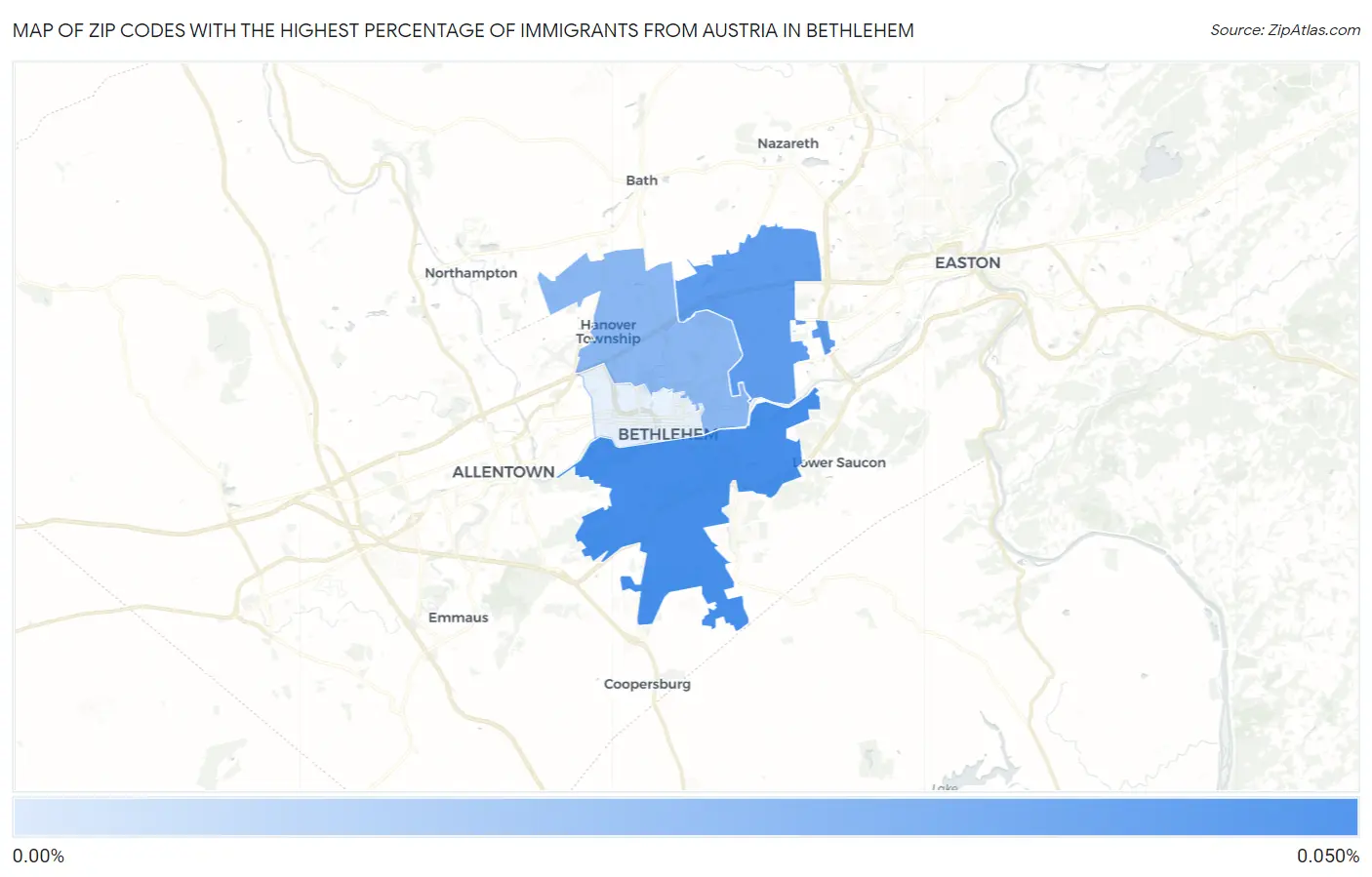 Zip Codes with the Highest Percentage of Immigrants from Austria in Bethlehem Map