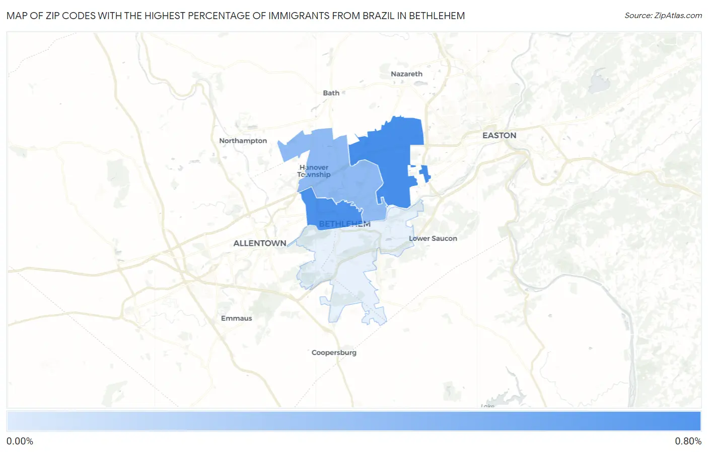 Zip Codes with the Highest Percentage of Immigrants from Brazil in Bethlehem Map