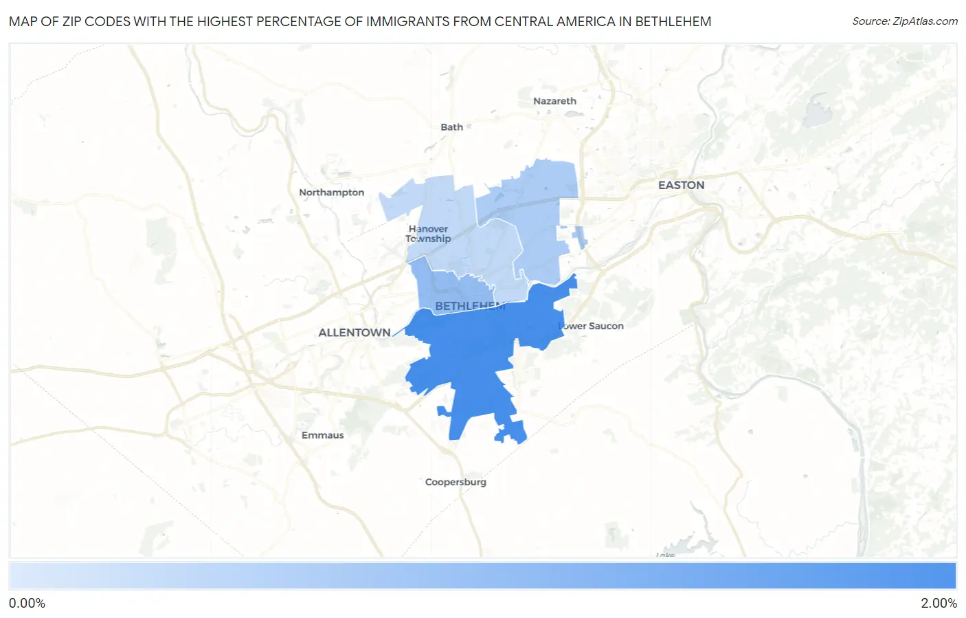 Zip Codes with the Highest Percentage of Immigrants from Central America in Bethlehem Map