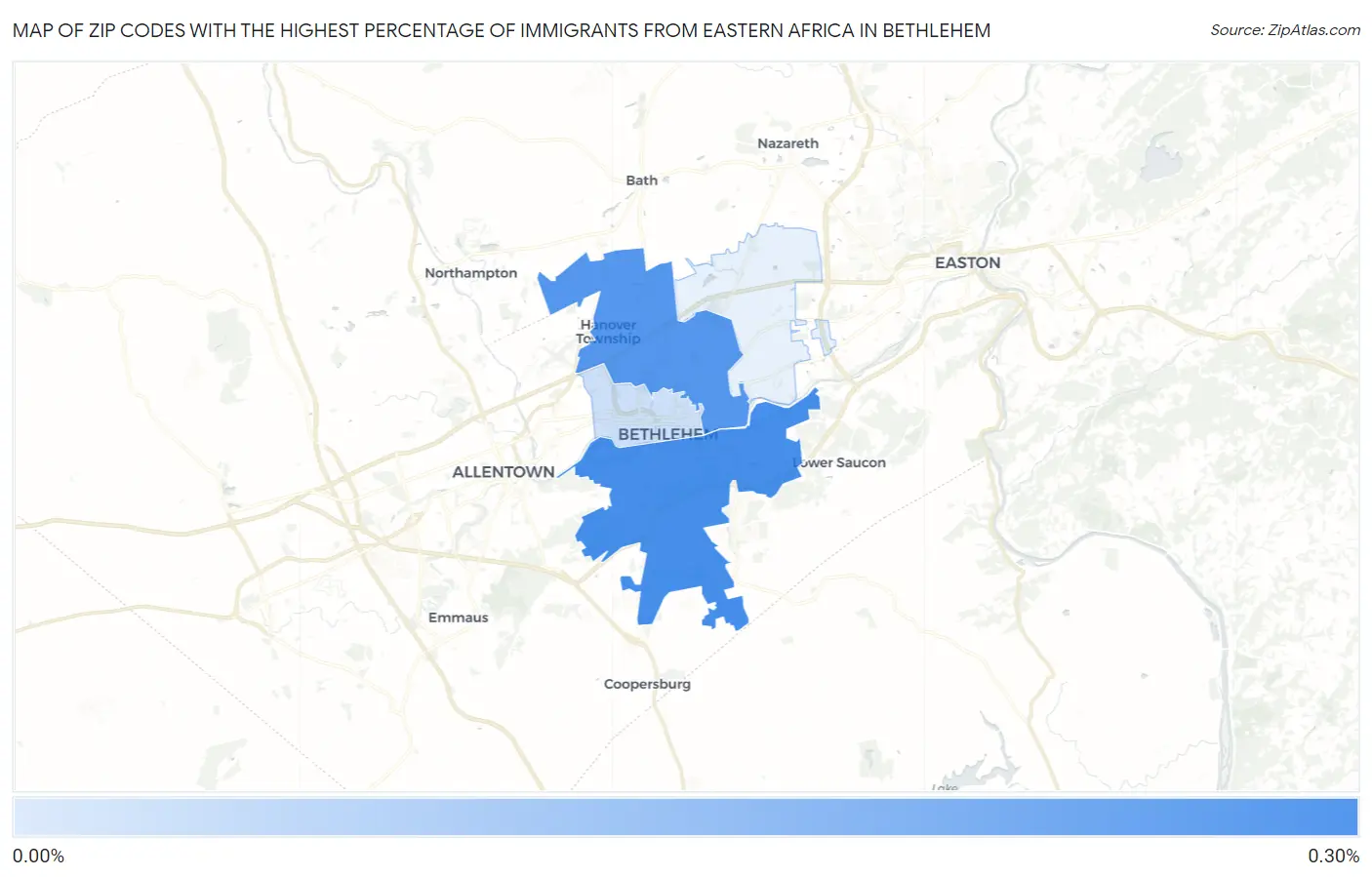 Zip Codes with the Highest Percentage of Immigrants from Eastern Africa in Bethlehem Map