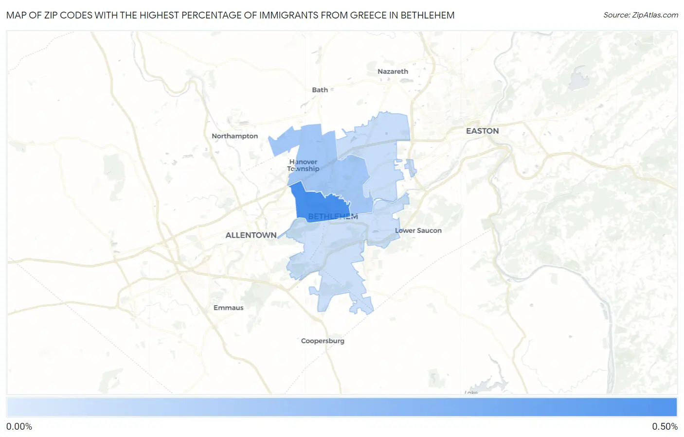 Zip Codes with the Highest Percentage of Immigrants from Greece in Bethlehem Map