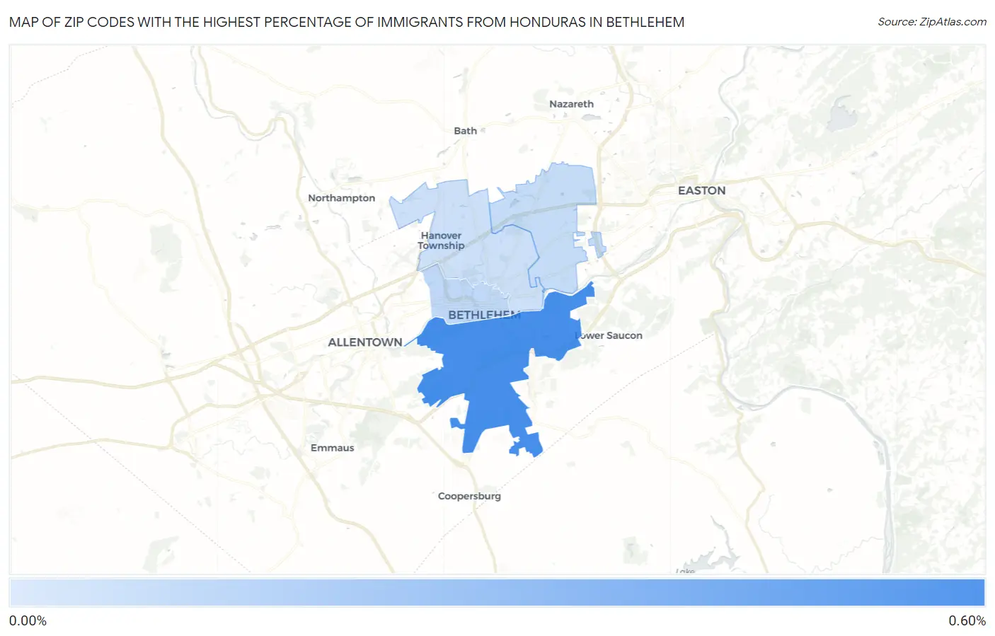 Zip Codes with the Highest Percentage of Immigrants from Honduras in Bethlehem Map