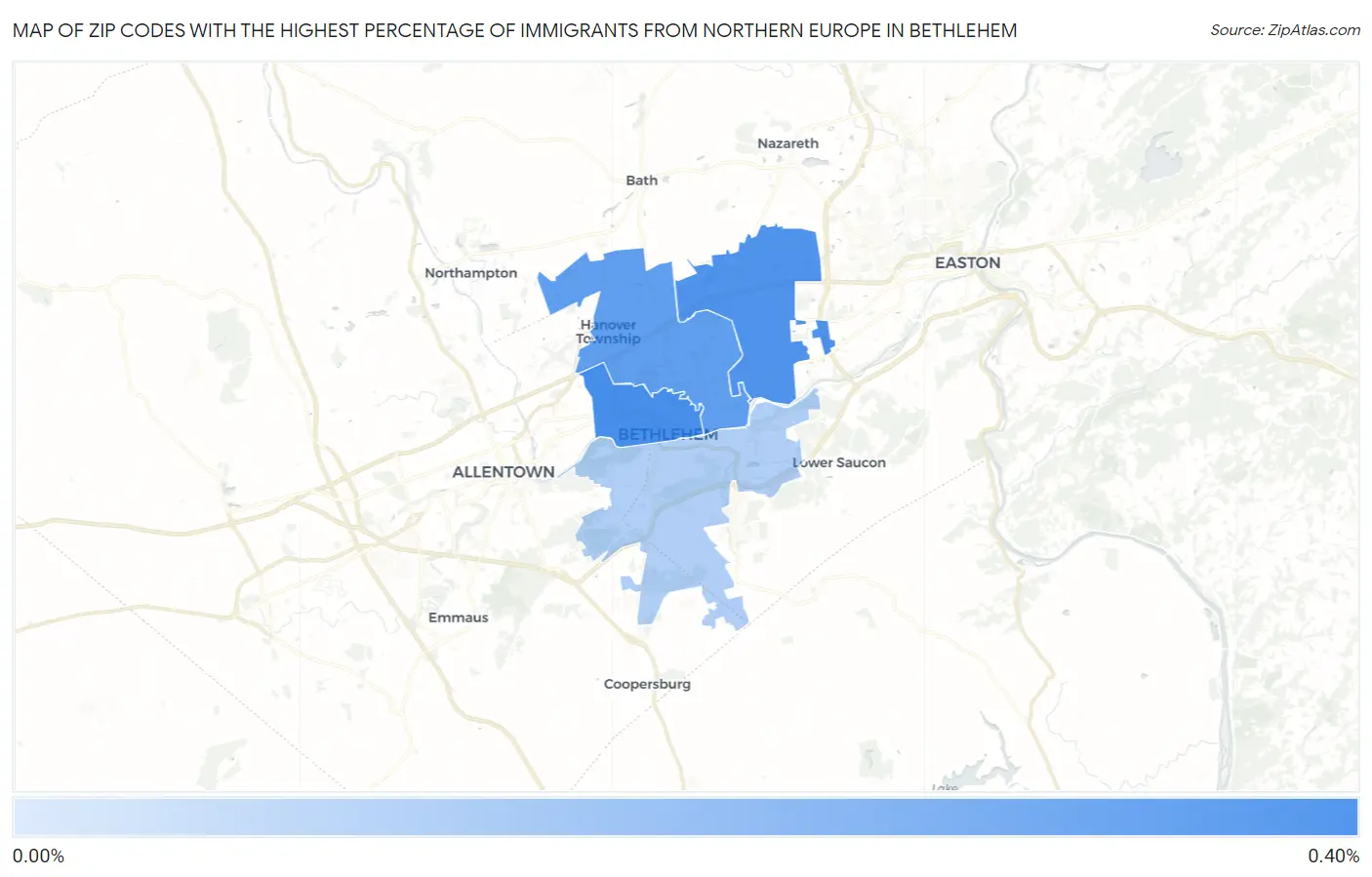 Zip Codes with the Highest Percentage of Immigrants from Northern Europe in Bethlehem Map