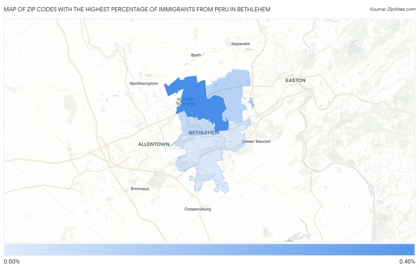 Zip Codes with the Highest Percentage of Immigrants from Peru in Bethlehem Map