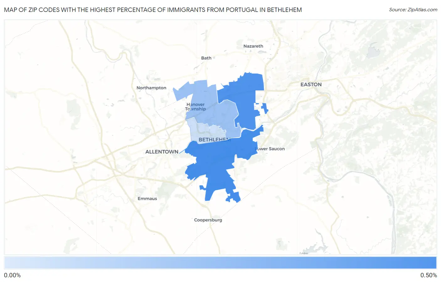 Zip Codes with the Highest Percentage of Immigrants from Portugal in Bethlehem Map