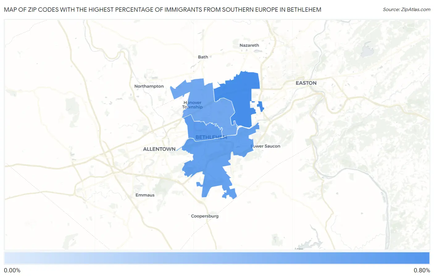 Zip Codes with the Highest Percentage of Immigrants from Southern Europe in Bethlehem Map