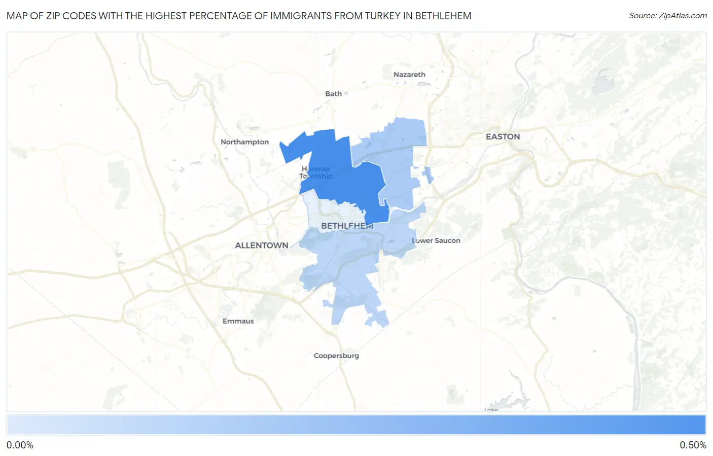 Zip Codes with the Highest Percentage of Immigrants from Turkey in Bethlehem Map