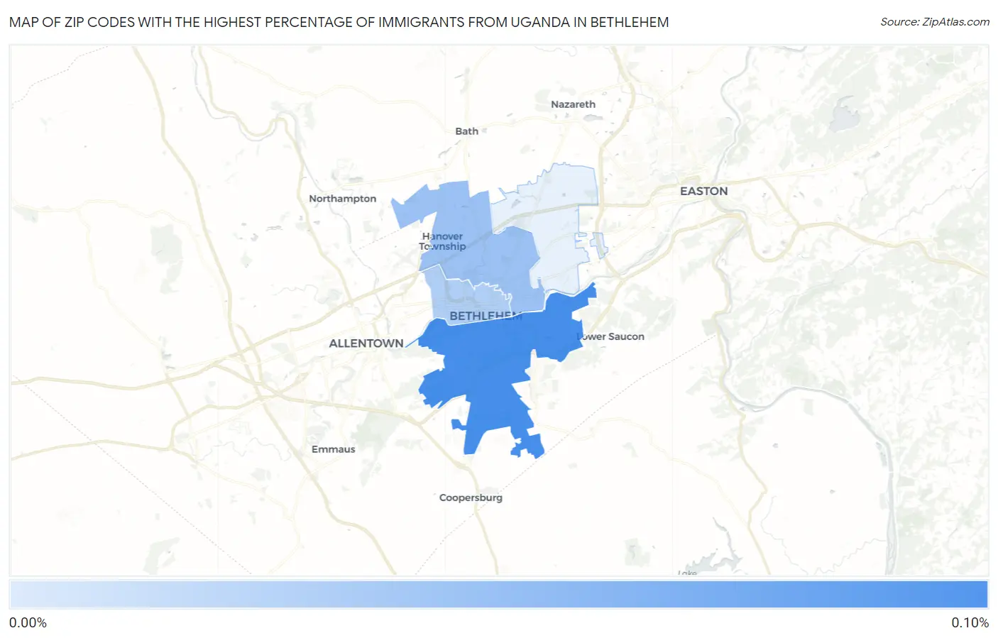 Zip Codes with the Highest Percentage of Immigrants from Uganda in Bethlehem Map