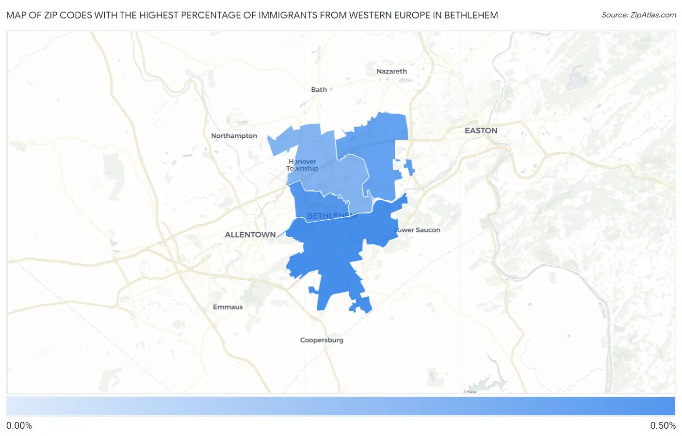 Zip Codes with the Highest Percentage of Immigrants from Western Europe in Bethlehem Map
