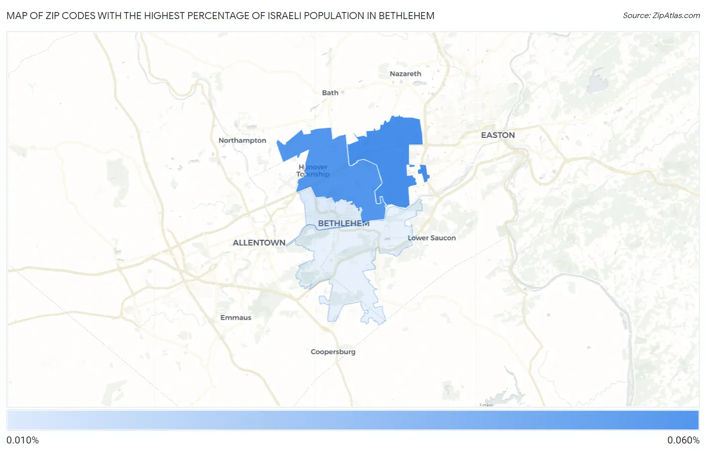 Zip Codes with the Highest Percentage of Israeli Population in Bethlehem Map