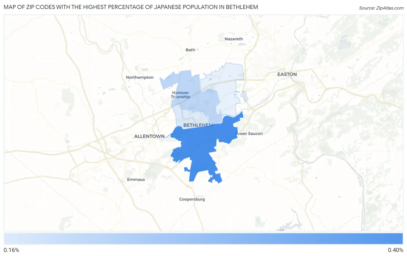 Zip Codes with the Highest Percentage of Japanese Population in Bethlehem Map