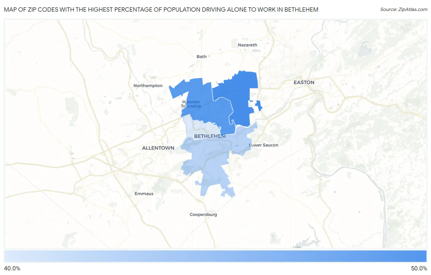 Zip Codes with the Highest Percentage of Population Driving Alone to Work in Bethlehem Map