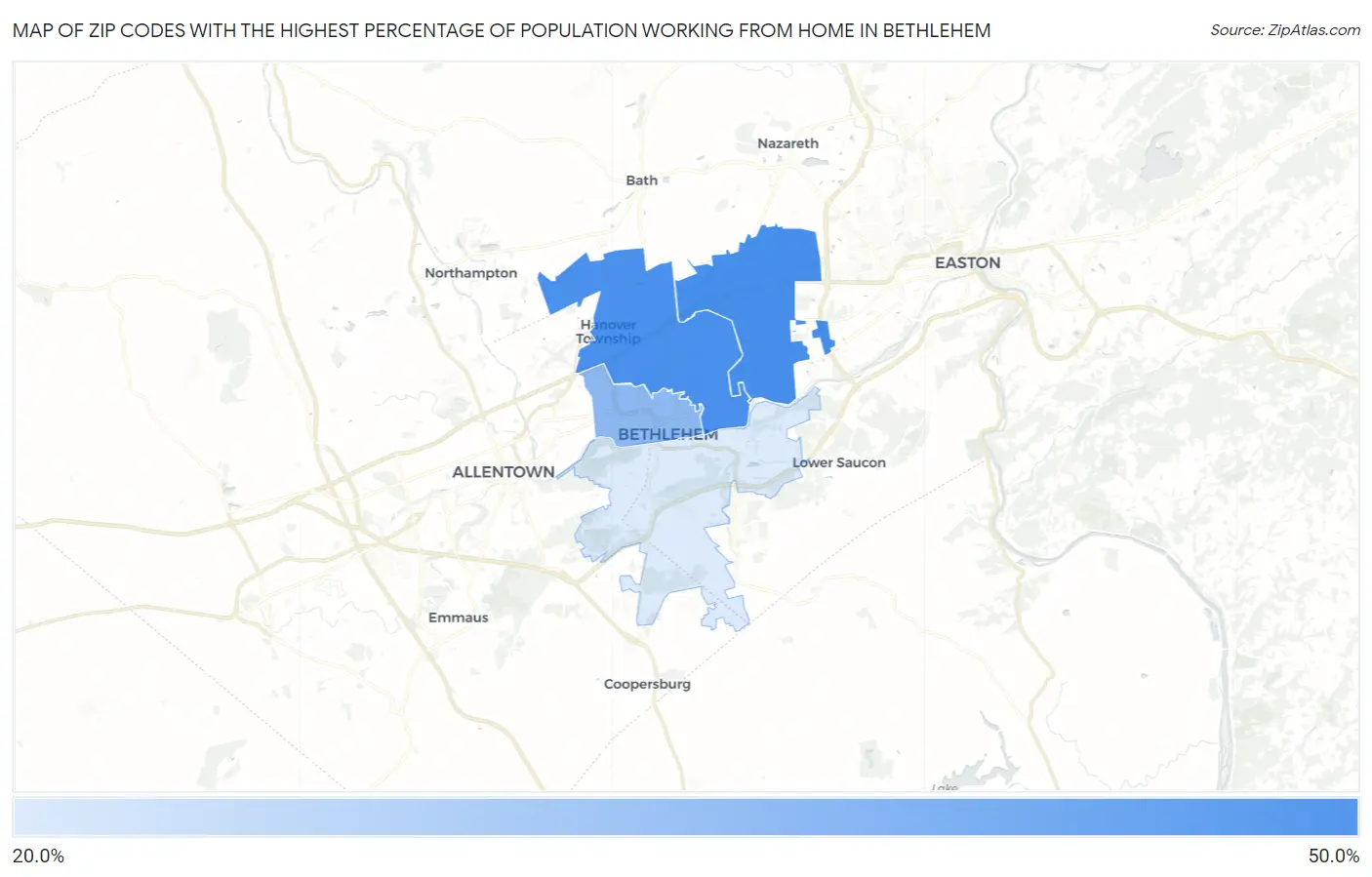 Zip Codes with the Highest Percentage of Population Working from Home in Bethlehem Map