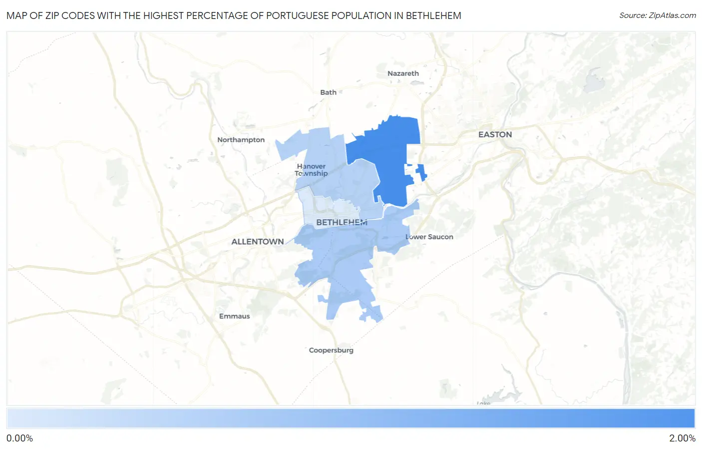Zip Codes with the Highest Percentage of Portuguese Population in Bethlehem Map