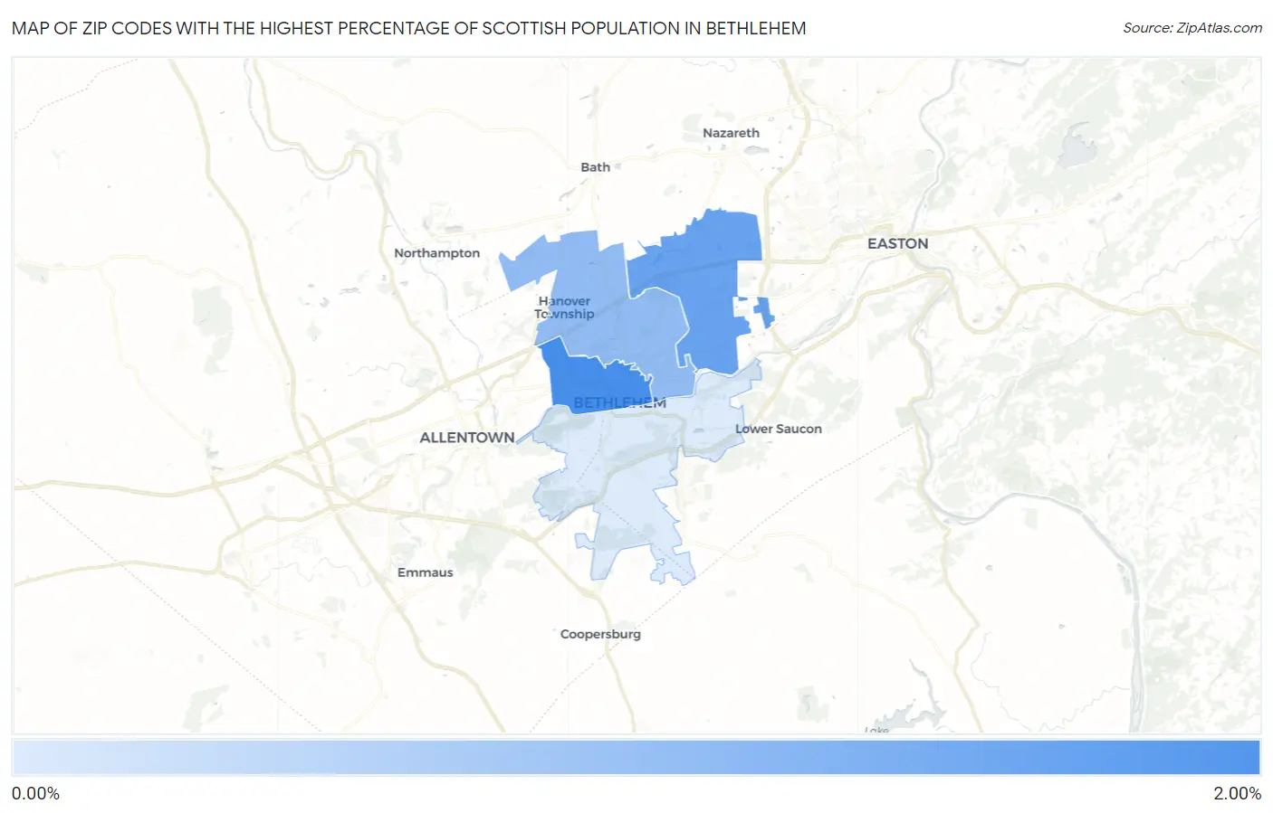 Zip Codes with the Highest Percentage of Scottish Population in Bethlehem Map