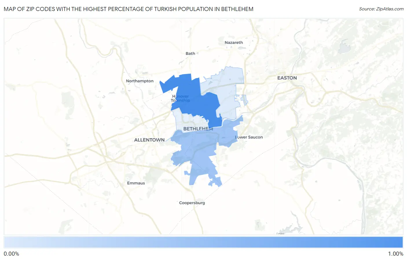 Zip Codes with the Highest Percentage of Turkish Population in Bethlehem Map