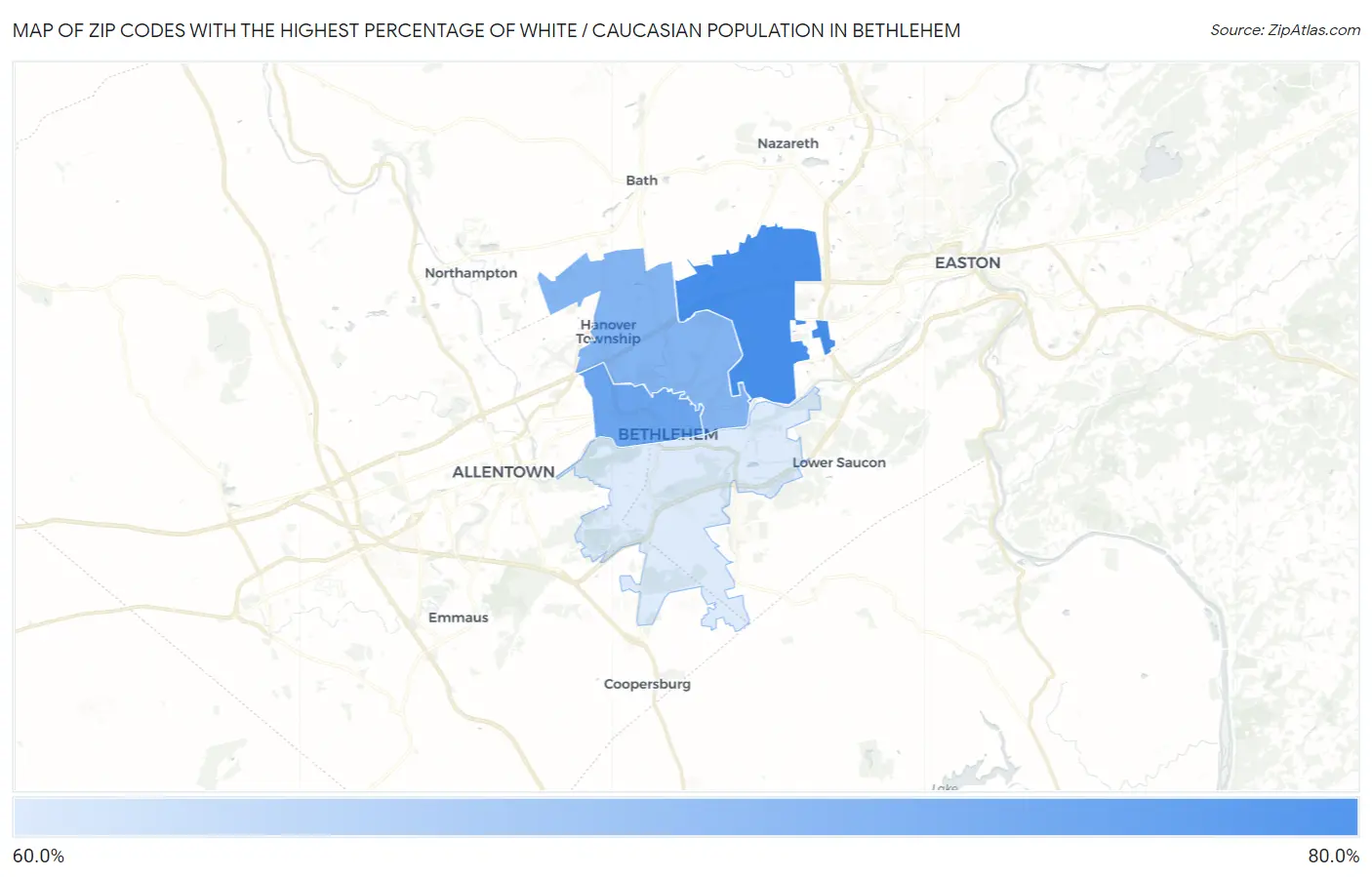 Zip Codes with the Highest Percentage of White / Caucasian Population in Bethlehem Map