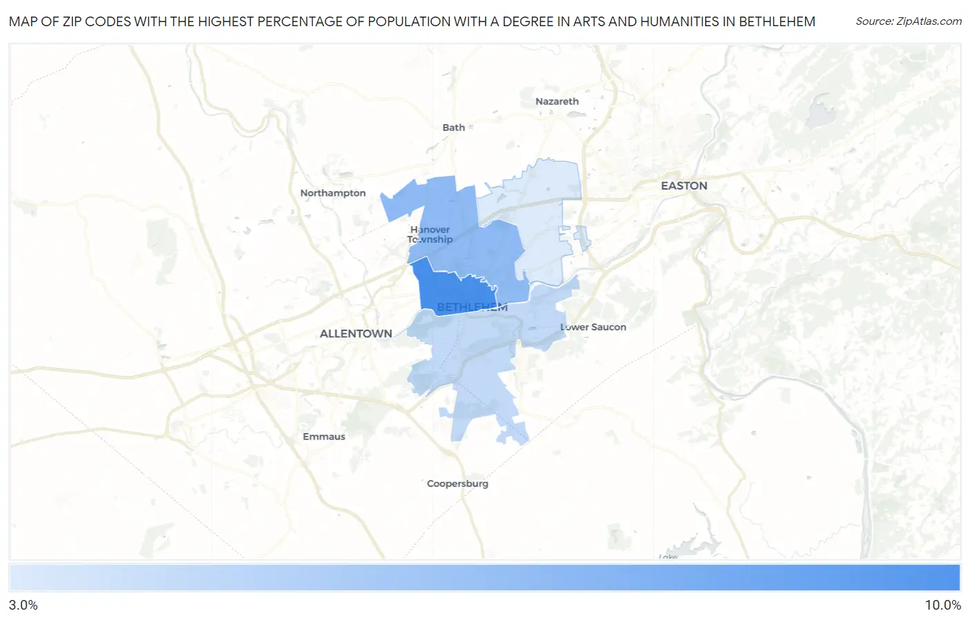 Zip Codes with the Highest Percentage of Population with a Degree in Arts and Humanities in Bethlehem Map