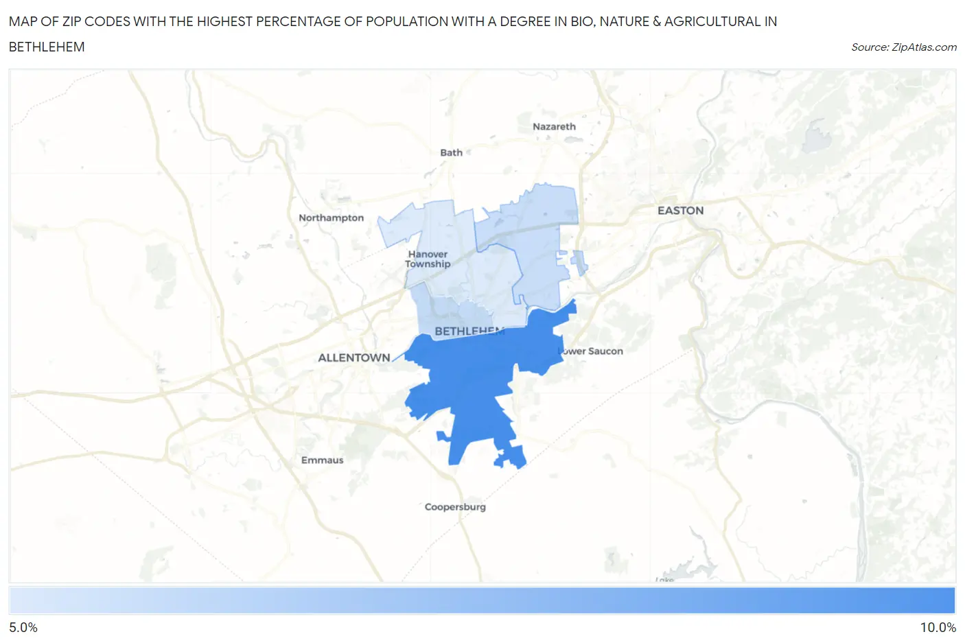 Zip Codes with the Highest Percentage of Population with a Degree in Bio, Nature & Agricultural in Bethlehem Map