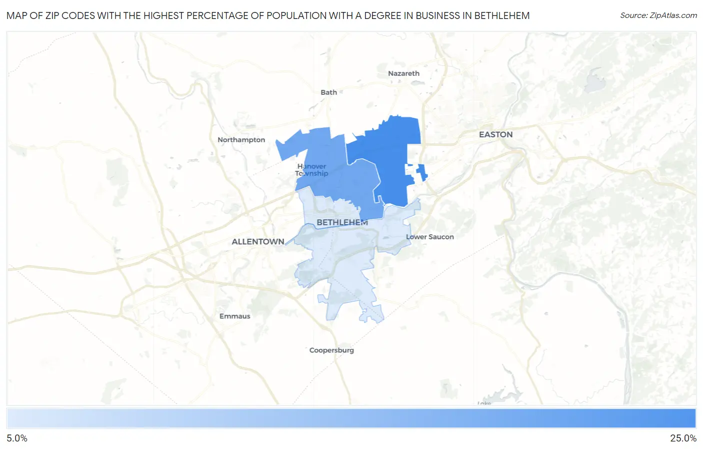 Zip Codes with the Highest Percentage of Population with a Degree in Business in Bethlehem Map