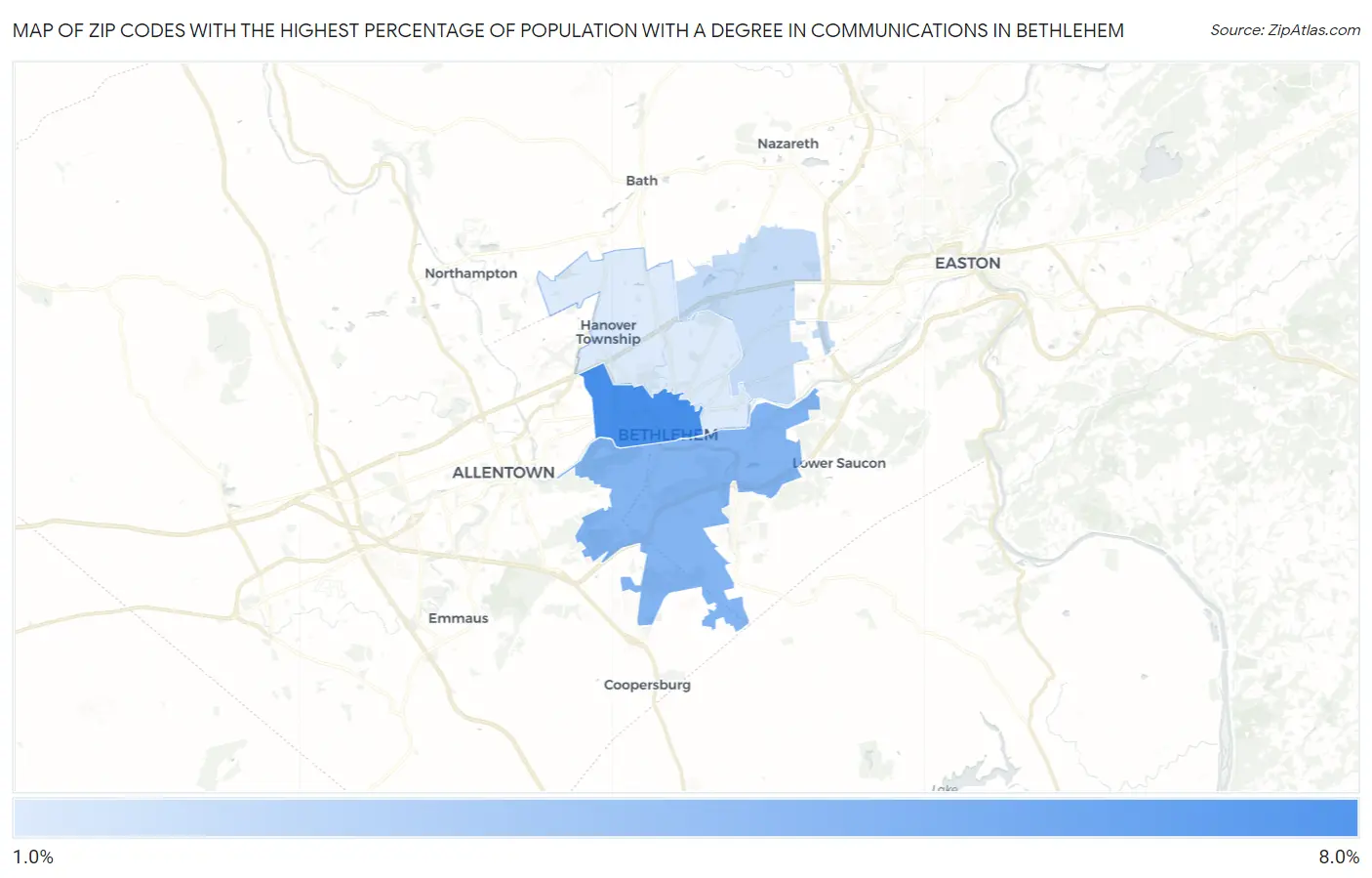 Zip Codes with the Highest Percentage of Population with a Degree in Communications in Bethlehem Map