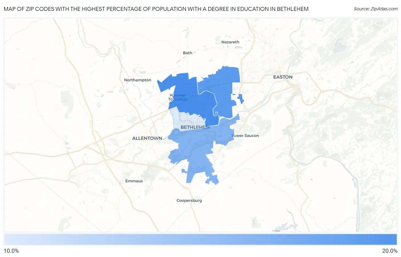 Zip Codes with the Highest Percentage of Population with a Degree in Education in Bethlehem Map